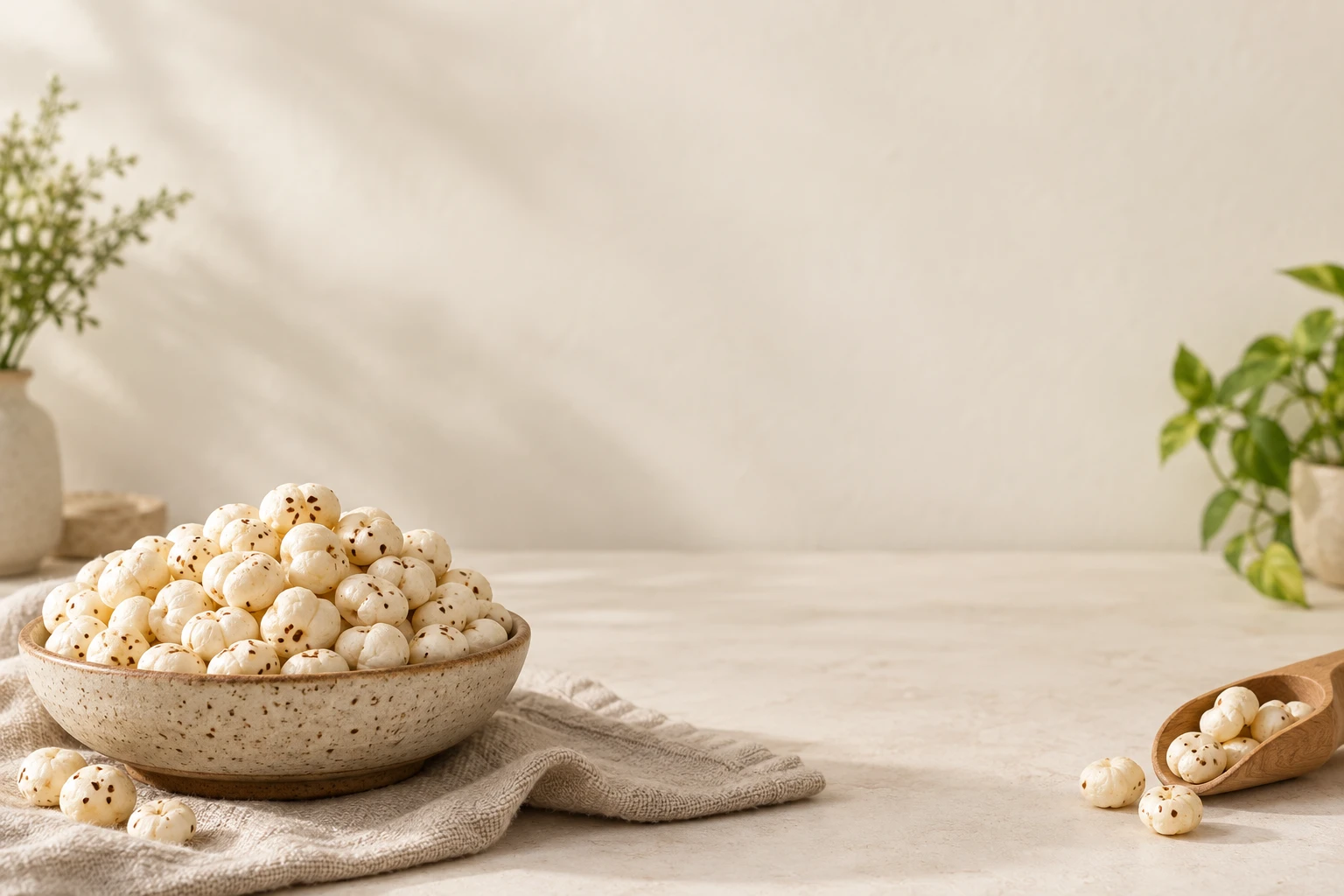 A speckled ceramic bowl heaped with white puffed makhana on linen