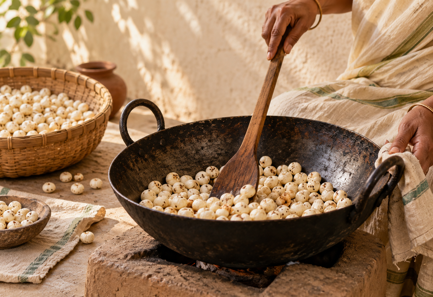 Artisan hands roasting makhana in a traditional iron kadhai