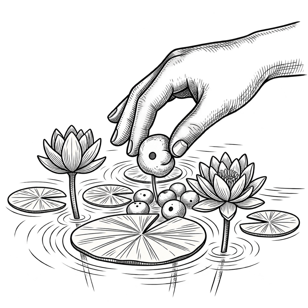 Hand harvesting lily seed from water with water lilies