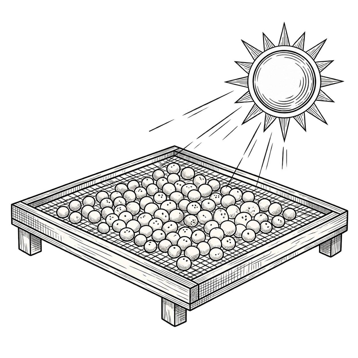 Raised wooden tray drying makhana seeds under the sun