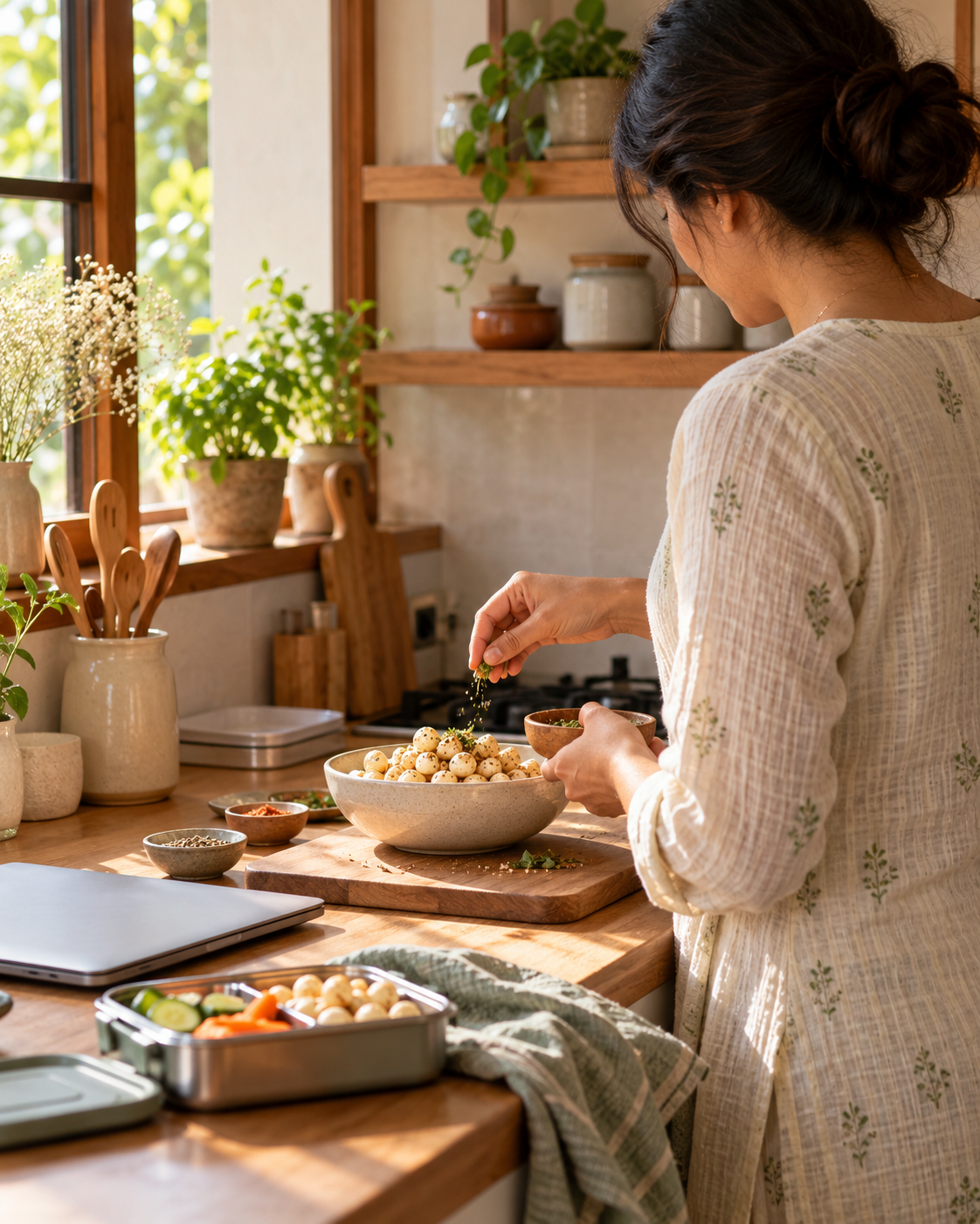 A mother preparing a nourishing makhana snack in a sunlit home kitchen